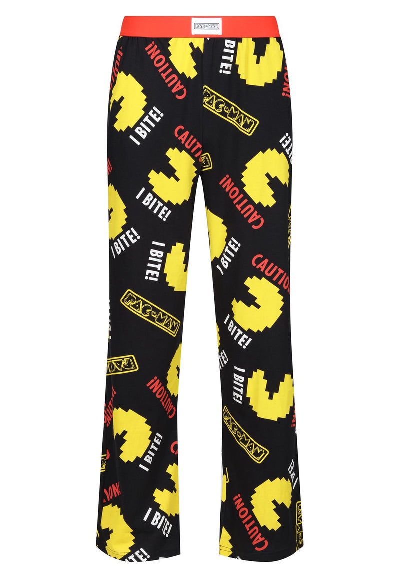 Pac-Man Adults Lounge Pants - Cotton Caution I Bite Black Printed Pyjamas Bottoms