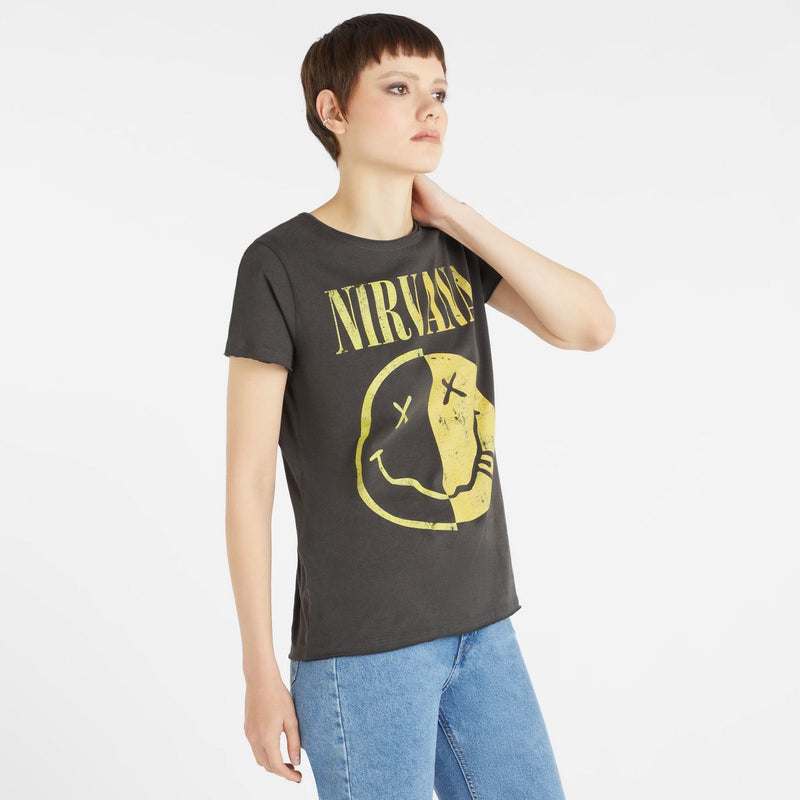 Nirvana Spliced Smiley Printed Cotton Ladies T-Shirt