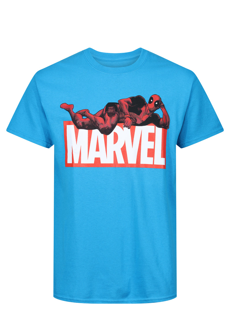 Marvel Logo Deadpool Posing Heather Sapphire Blue T-Shirt - Unisex Adults
