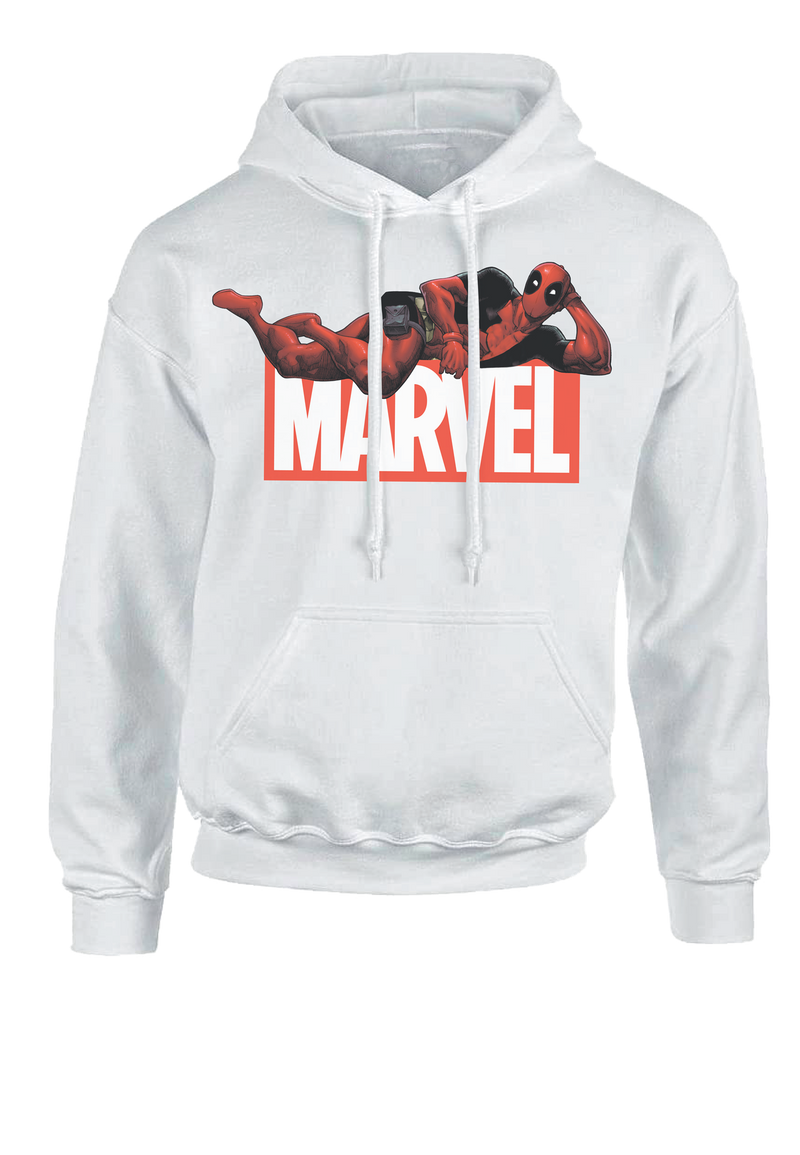 Marvel Logo Deadpool Posing White Hooded Sweatshirt