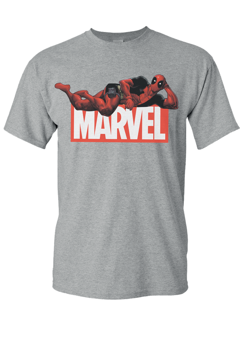 Marvel Logo Deadpool Posing Sports Grey T-Shirt - Unisex Adults